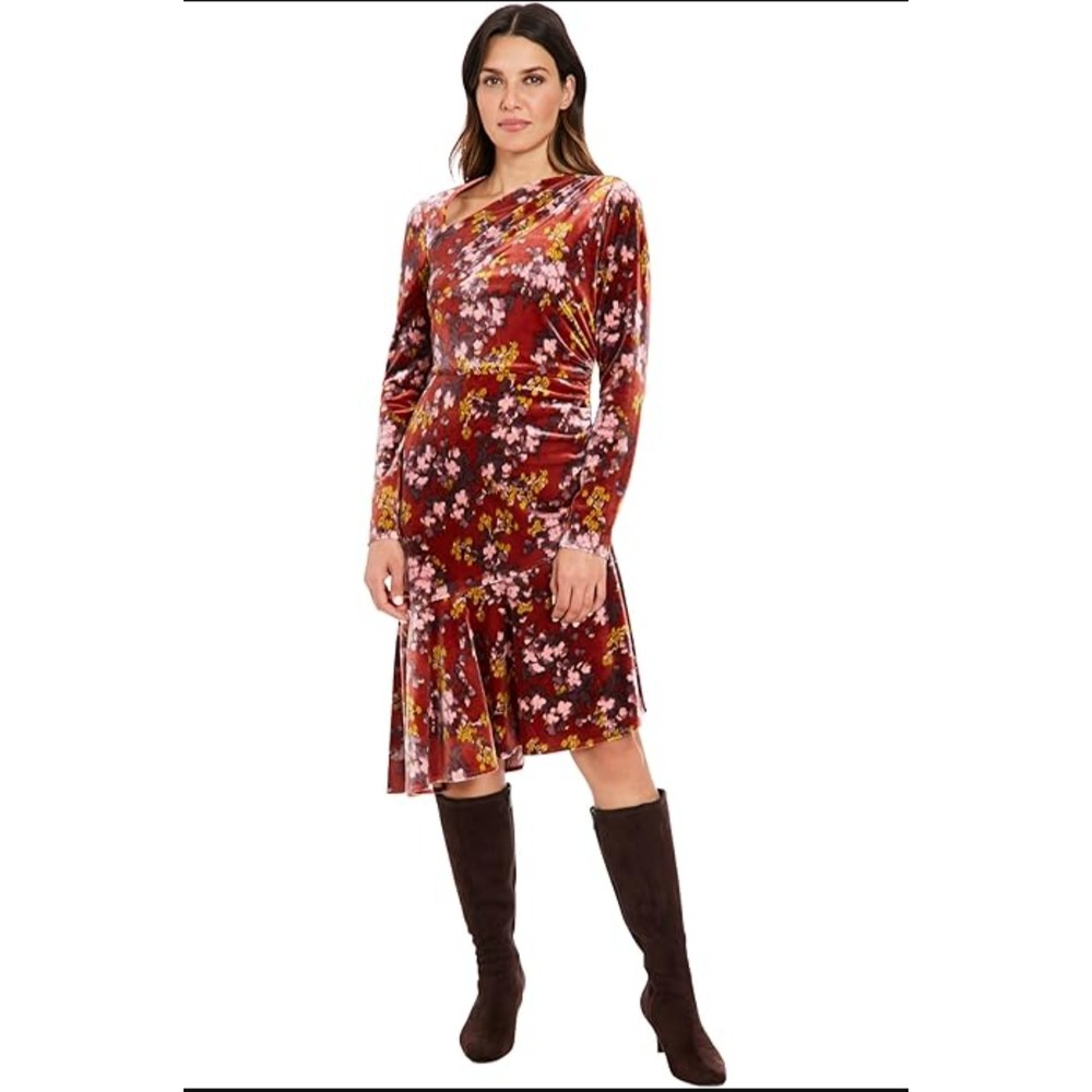 London Times NWT Asymmetric Hi Low Red Floral‎ Multi Velvet Fit Flare Dress Sz 8